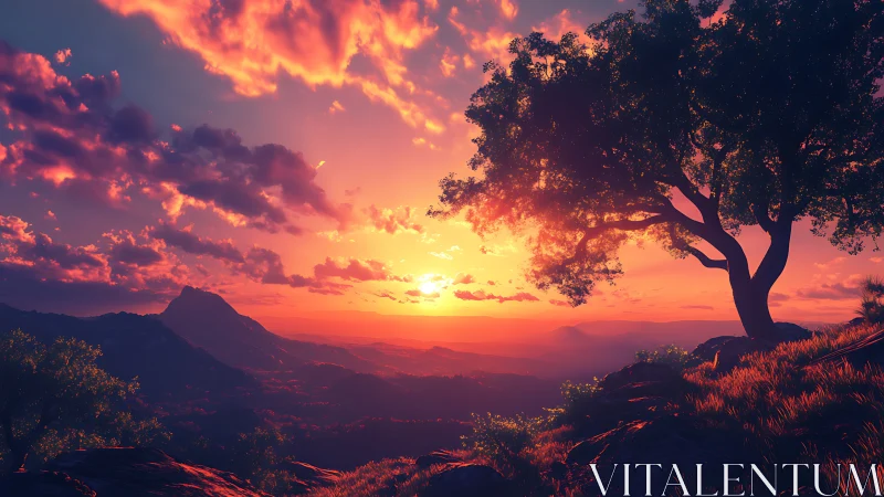 Sunset over distant mountains with tree in foreground.