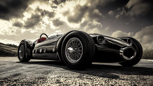 Low-angle view of vintage-style black racing car outdoors.