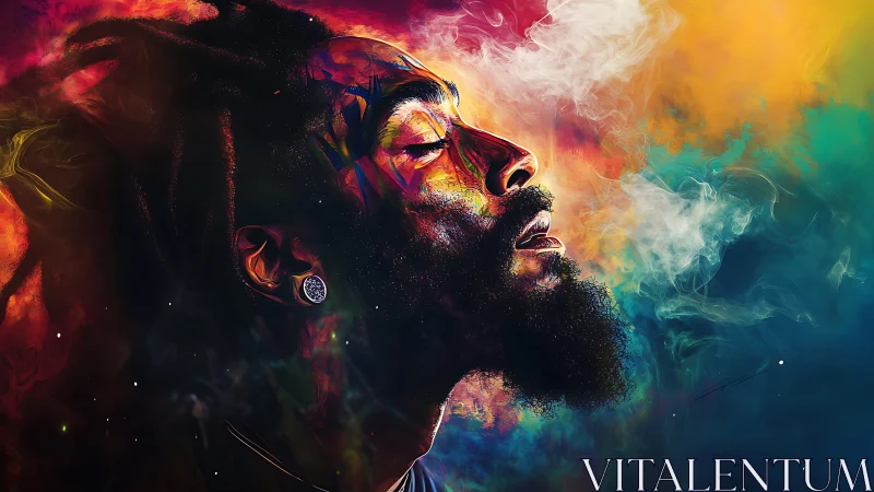 Colorful side profile portrait in swirling smoke clouds.