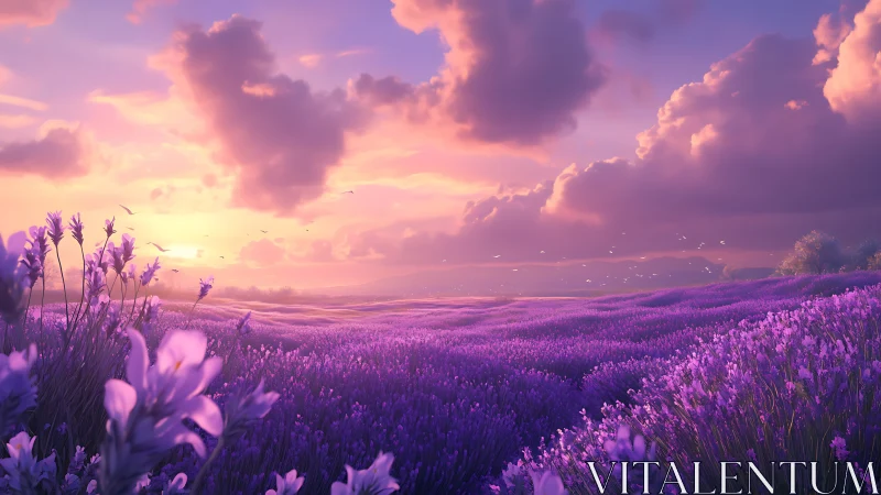 Lavender horizon under glowing sunset clouds panorama.