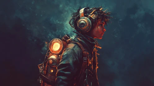 Profile of youth with headset and illuminated backpack gear.