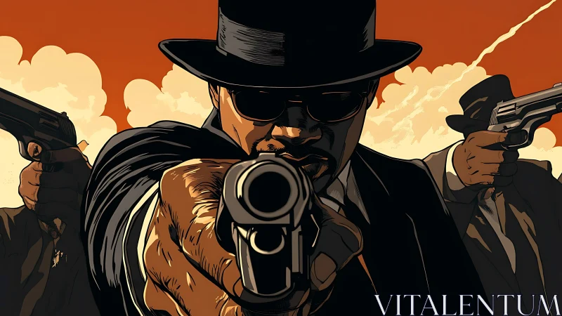 Triangular gunslinger standoff in stylized vector chiaroscuro.