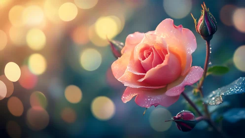 Coral rose petals capture morning dewdrops with golden bokeh dancing behind