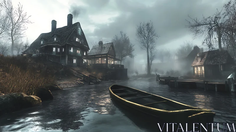 Misty Waterside Manor: Digital Landscape with Gothic Architecture.