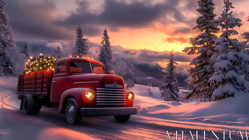Cozy red truck carrying winter lights through snowy hills.