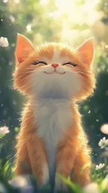 A Cheerful Orange and White Kitten Smiling Peacefully in Nature