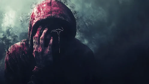 Shadowed figure in a red hoodie quietly confronts inner pain