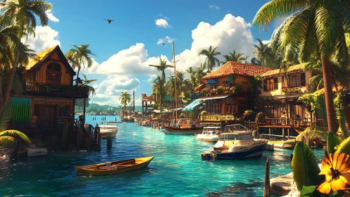Tropical Coastal Harbor with Colonial Architecture and Moored Vessels.