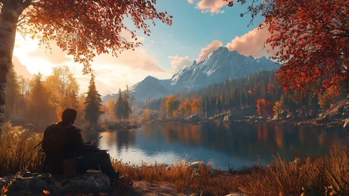 Solitary hiker contemplates autumn lake beneath snowy peaks
