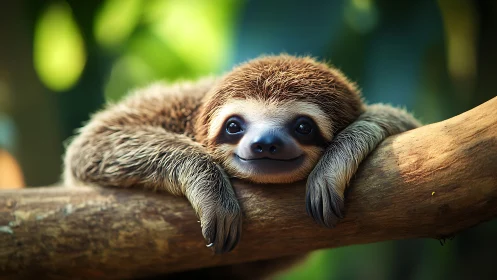 Contented young sloth resting on sunlit jungle branch.