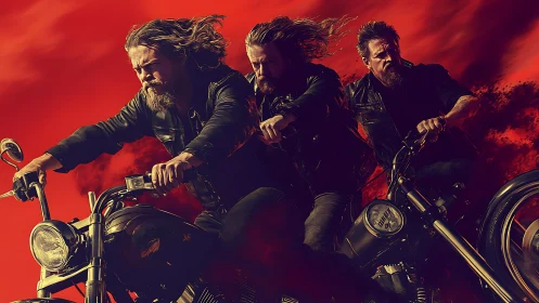 Three motorcycle riders speed through vivid red storm