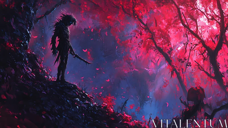Shadow wanderer in a glowing crimson dream-forest.