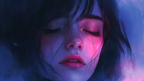 Melancholic portrait glows under neon magenta tears.
