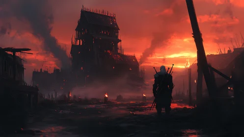 Armored swordsman surveying burning medieval fortress at dusk