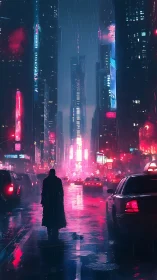 Rain-soaked cyberpunk avenue with neon-lit taxis and lone figure