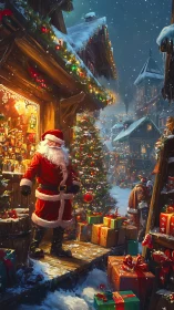 Snowy village Christmas magic with Santa and bright gifts.