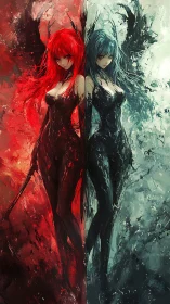 Twin elemental sirens divide fire and frost in swirling dusk.