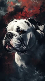 Stoic bulldog gazes ahead against a stormy crimson sky