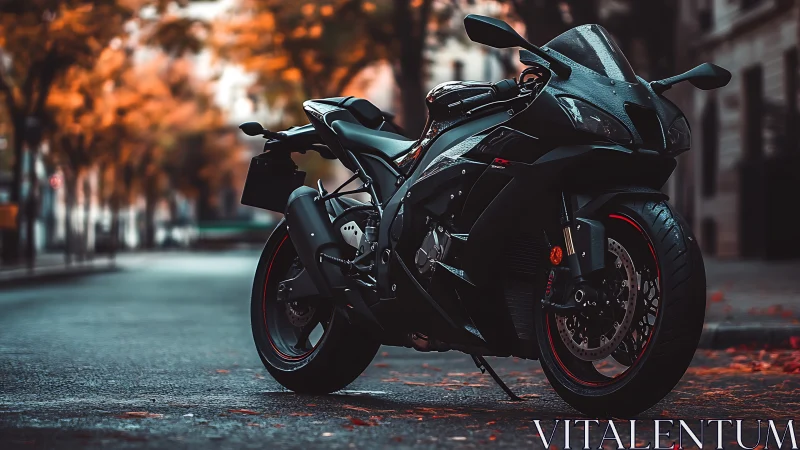 Midnight sport bike poised on autumn city boulevard.