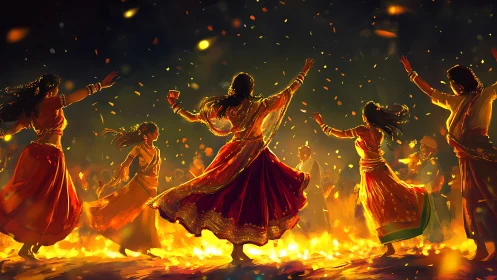 Traditional Indian Dance Celebration Around Bonfire in Vibrant Colors.