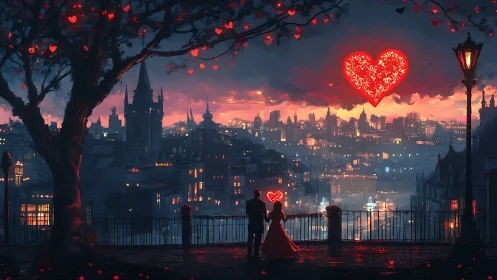 Couple Under Glowing Hearts Above Gothic Cityscape at Dusk.