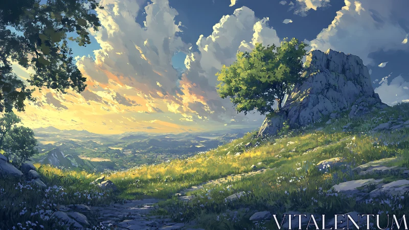 Sunlit hillside meadow opens over a vast, serene valley view