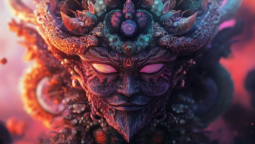 Bioluminescent demonic mask with ornate fractal cyber-organic detail.