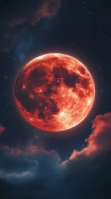 Luminous blood moon above cloud deck in deep night sky