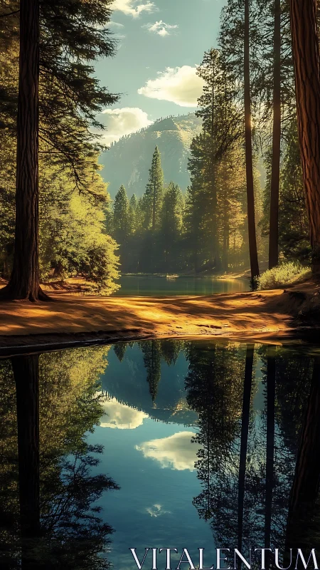 Mountain forest lake with tall pines and clear reflection.