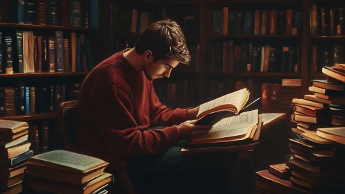 Focused student studies surrounded by towering library books.