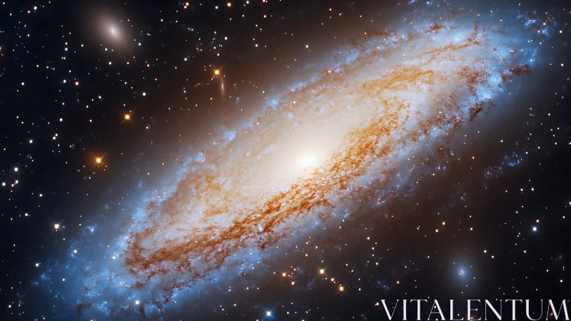 Spiral galaxy viewed edge-on with dense star field background