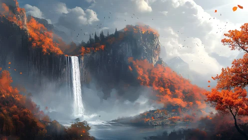 Digital landscape shows tall waterfall amid orange autumn forest