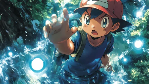 Young traveler reaching toward swirling forest lights.