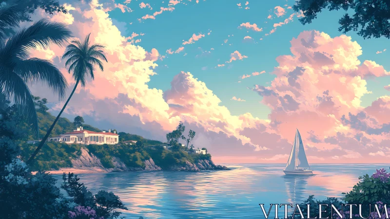 Tropical Coastal Villa at Sunset with Sailboat