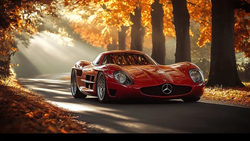 Red Mercedes sports prototype on sunlit autumn forest road