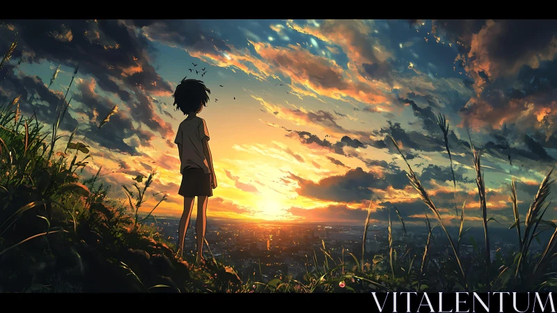 Sunset city dreamscape watched from a quiet grassy hilltop.