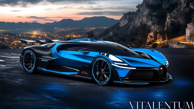 Electric blue hypercar rests beside illuminated mountain city