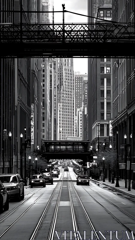 Monochrome downtown street with tram rails and elevated bridges