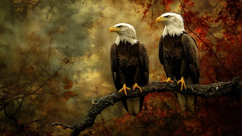 Two Bald Eagles on Autumn Branch in Dramatic Artistic Style.