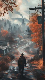 Lone figure on wet road approaching distant industrial plant.