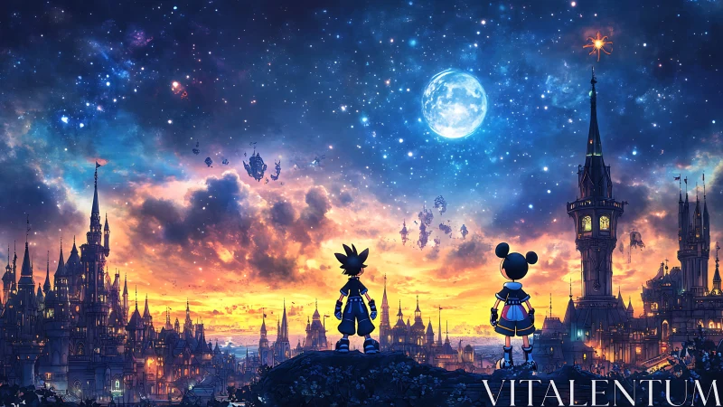 Starlit fantasy metropolis panorama under twin observers.