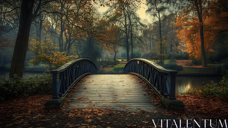 Steel footbridge over misty autumn pond at golden hour.