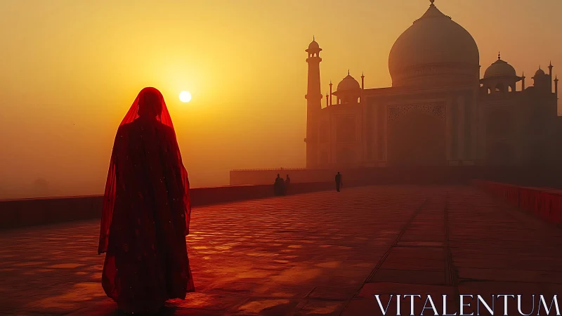 Silhouetted figure in red before Taj Mahal at hazy sunrise.