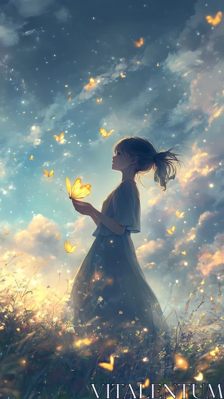 Girl in twilight meadow communes softly with glowing butterflies