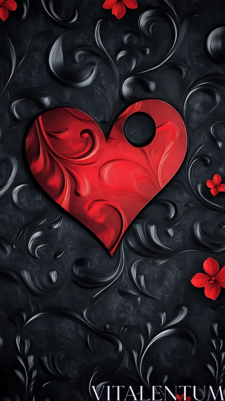 Crimson Heart with Baroque Flourishes on Textured Obsidian Surface