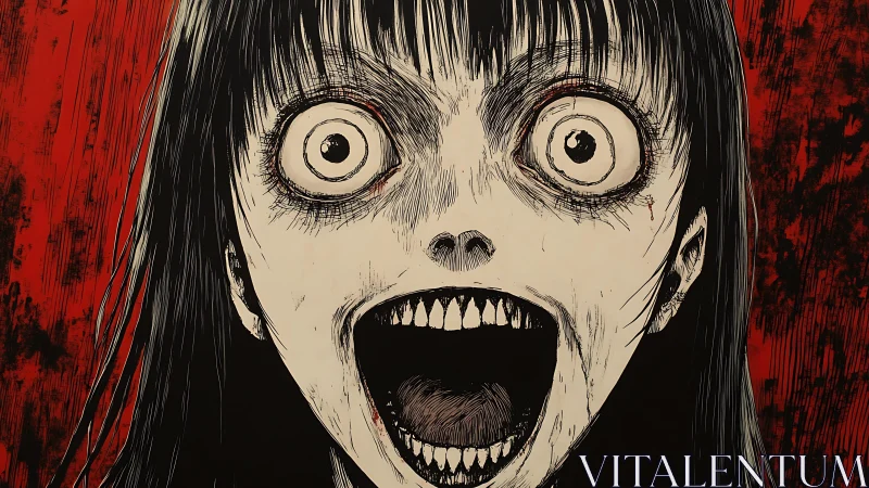 Hysterical horror portrait explodes in stark black and red.