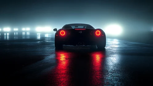 Rear view sports car cuts through cinematic fog and light