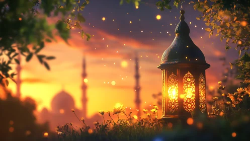 Ornate lantern glows at sunset beside distant mosque silhouettes.