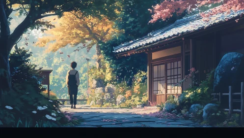 Quiet morning walk past a sunlit garden house path.