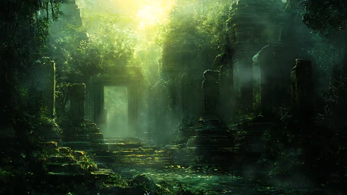 Overgrown stone temple ruins in dense green rainforest light.